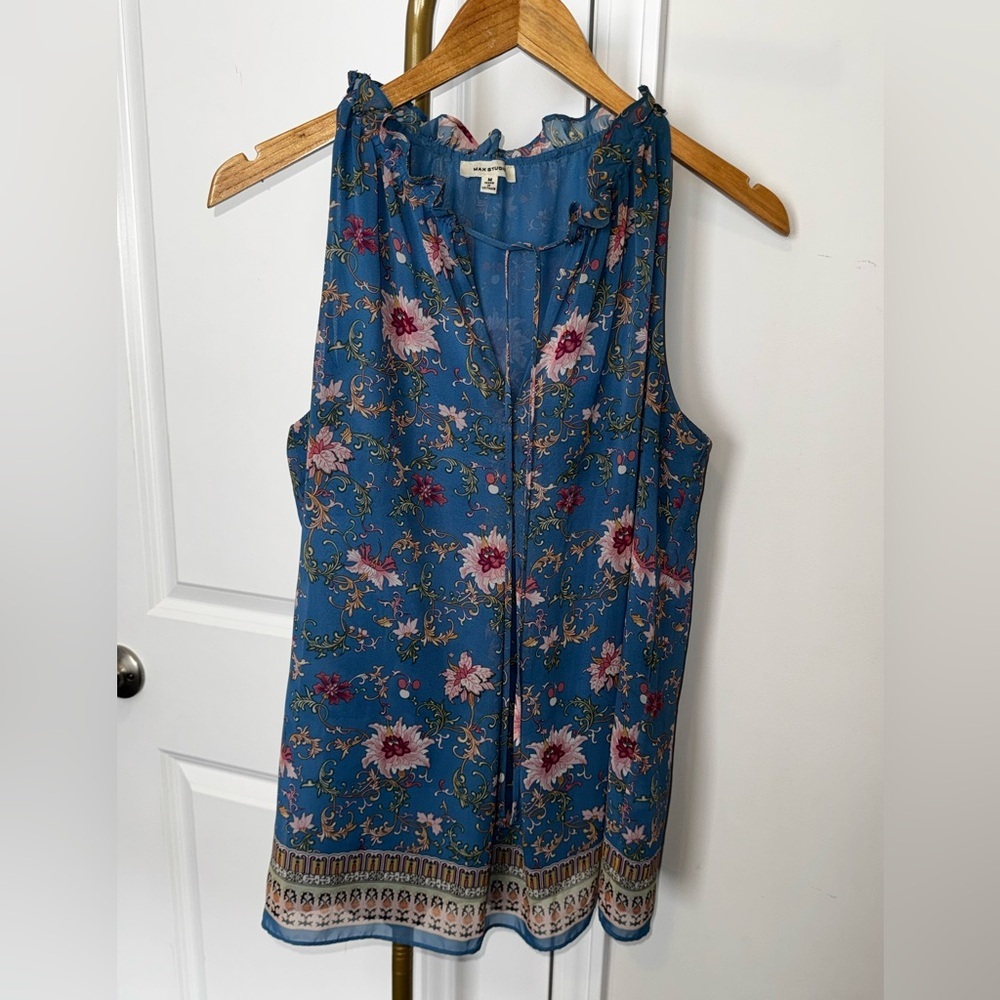 Max Studio Blue and Pink Floral Sleeveless Blouse